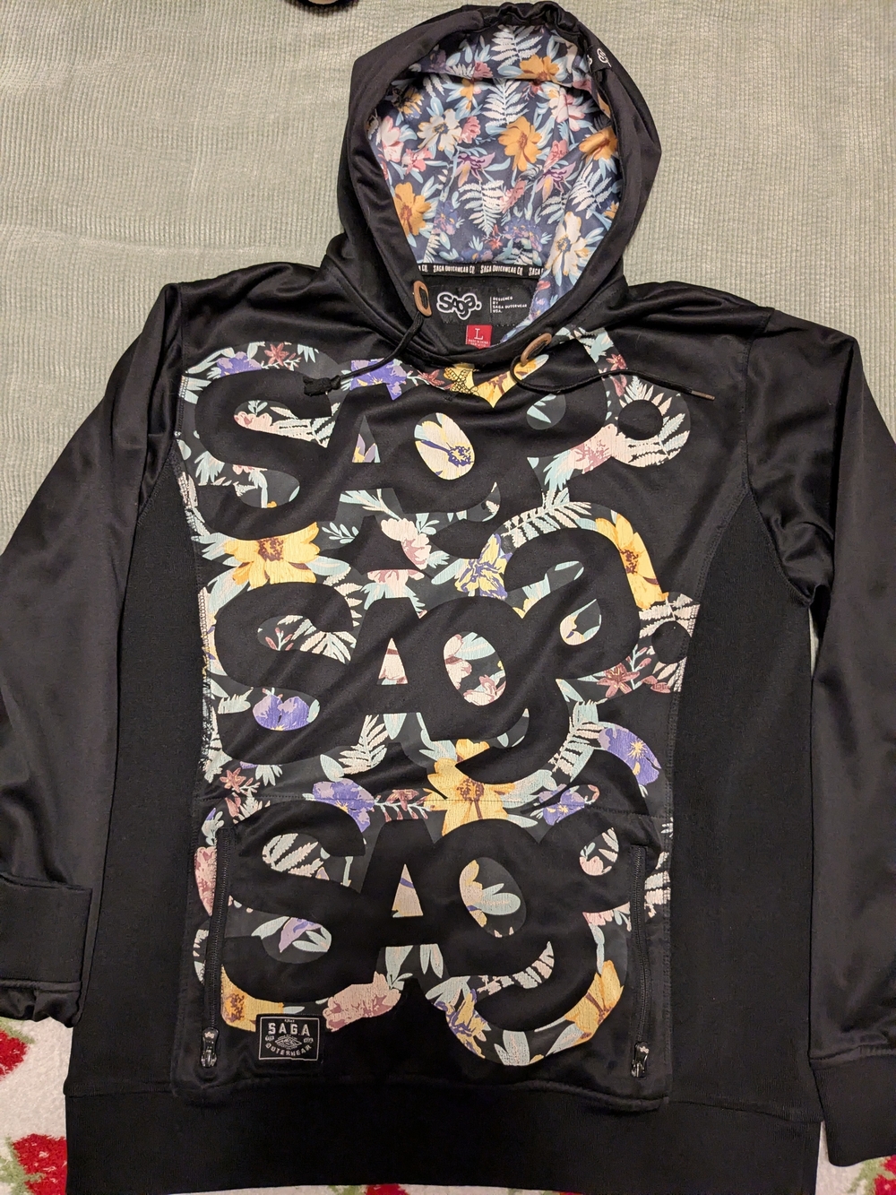 SAGA Black Floral-Print Pullover Hoodie Men's Ski Snowboard Size Large